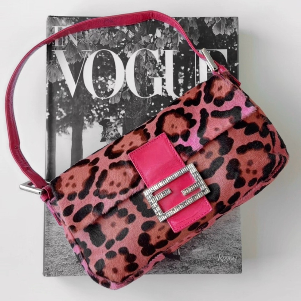 Rare Fendi Pink Cheetah Pony Hair Baguette w/ Crystal Buckle
